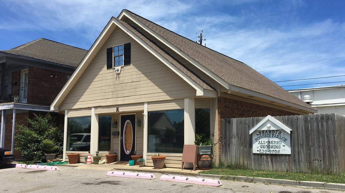 A piece of plywood covers the broken door at Brandi’s Poochie Parlor in Biloxi after police officers responded to the business and found multiple injured dogs.