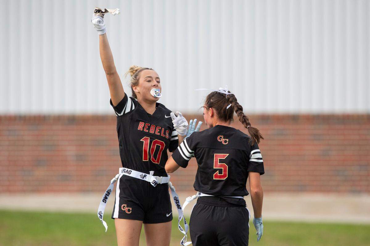 George County’s Karly Mizell reacts to pulling a player’s flag during a game against Richland at Lee-Triplett Stadium in Picayune on Thursday, March 27, 2025.