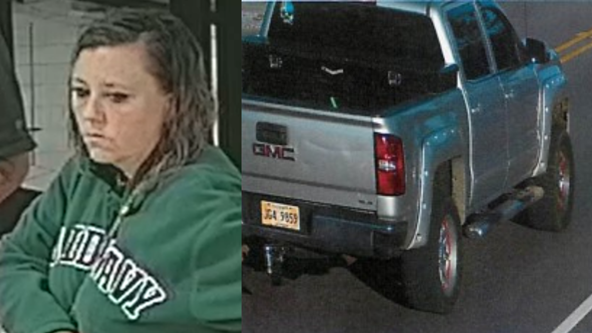 The Jackson County Sheriff’s Department is looking for Mary Ann Slaughter., left, after a male victim found dead at a Red Roof Inn was found only with his shoes. His GMC Sierra truck, right, is also missing.