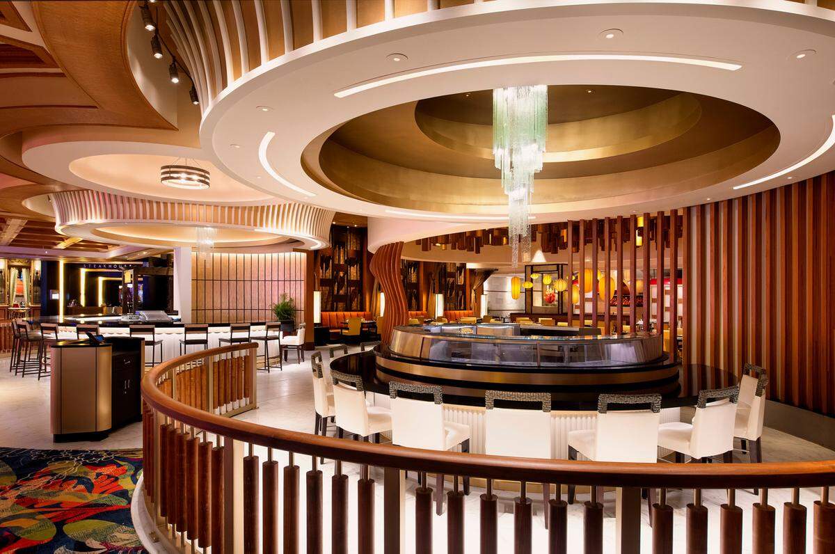 The newly redesigned Jia Asian restaurant at Beau Rivage Resort and Casino features a new noodle bar to the left of the entrance and a sushi bar on the right and is open to the casino floor.