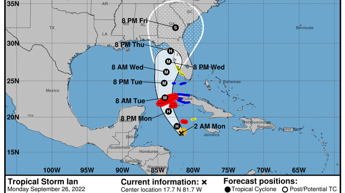 Tropical Storm Ian is almost a hurricane at 1 a.m. CST on Monday, Sept. 26, 2022.