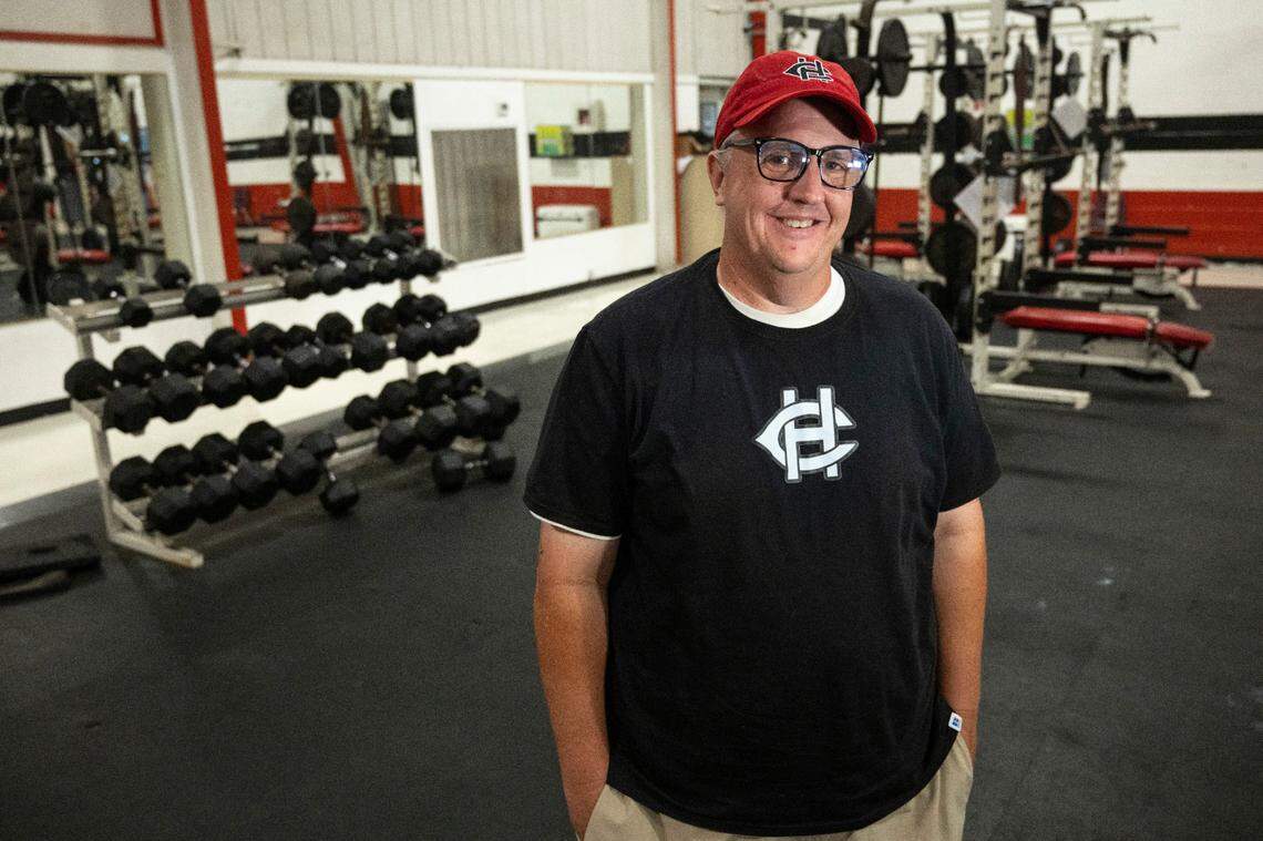 Jeremy Turcotte, who now coaches at Harrison Central, poses for a portrait at Harrison Central’s field house on Tuesday, June 10, 2025. Turcotte was on Bay High’s coaching staff during Hurricane Katrina.