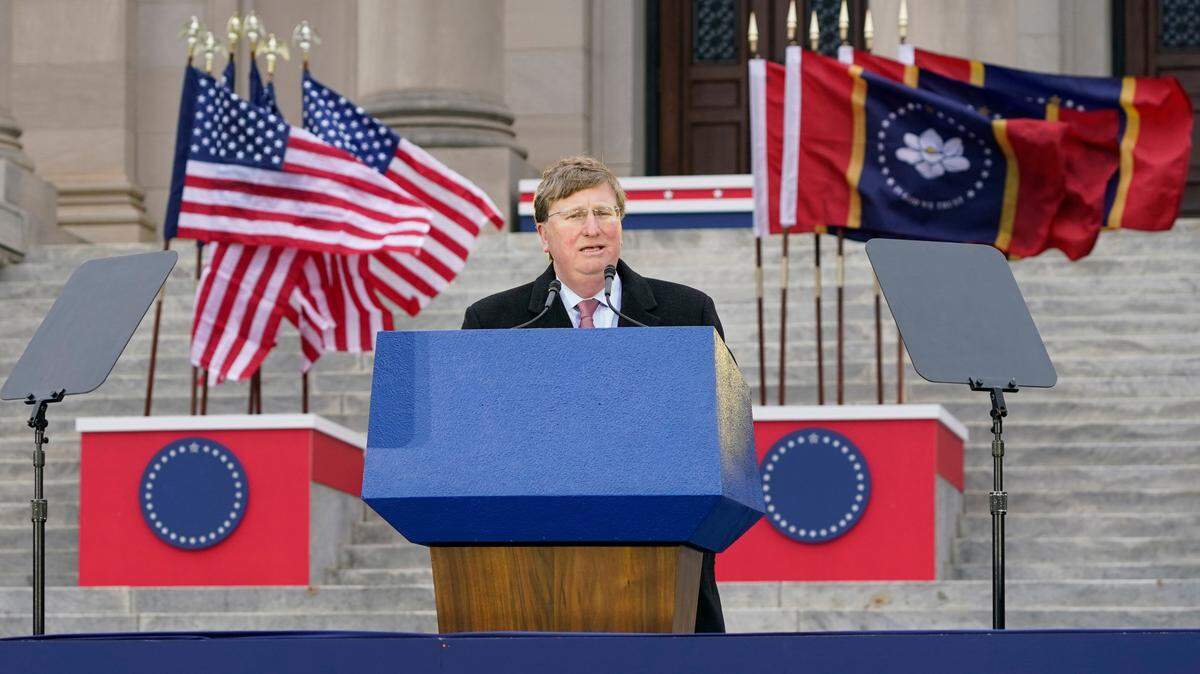 Mississippi Gov. Tate Reeves delivers his address Tuesday during his inauguration for a second term, at the Mississippi State Capitol in Jackson.