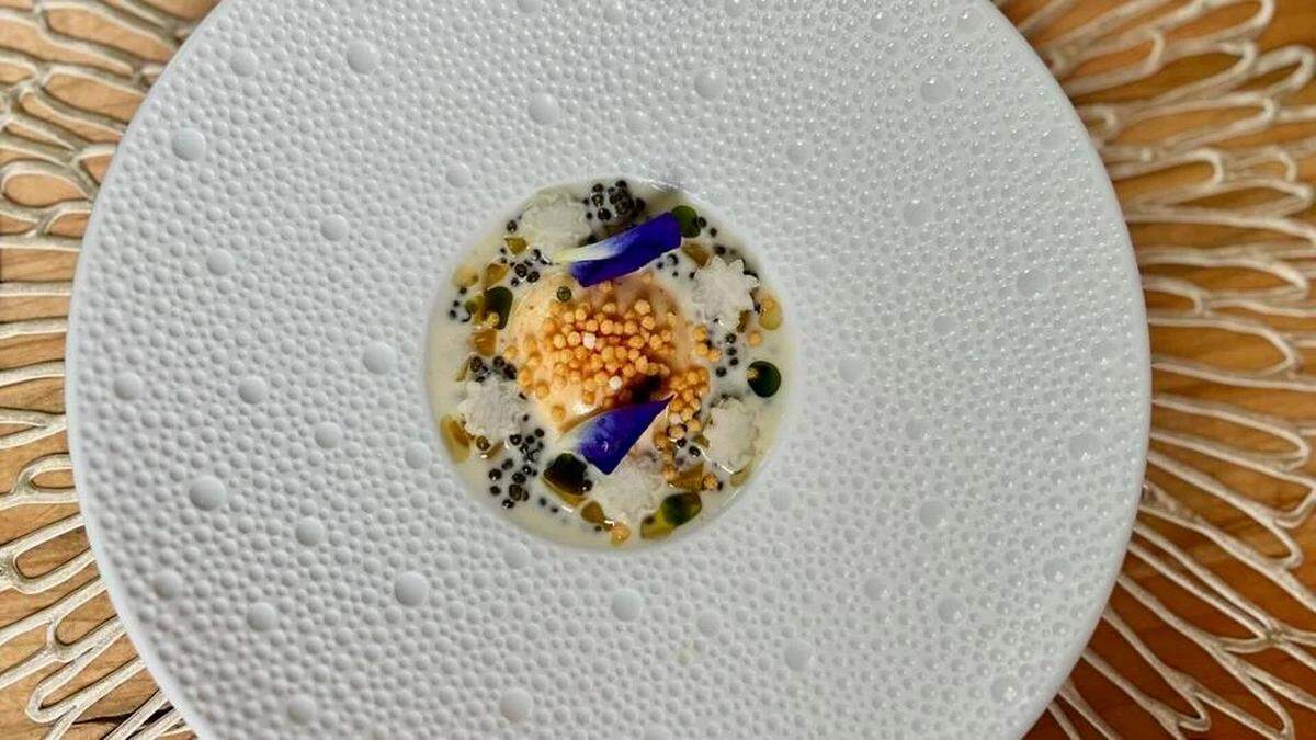 A peach-togarashi Bavarian served at the tasting menu restaurant Vestige in Ocean Springs.