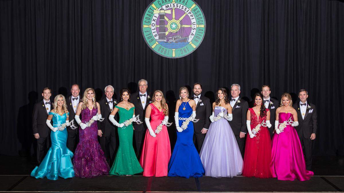 The 2020 Gulf Coast Carnival Association court, from left: Leo Ernest Manuel, Lindsay Blake Streiff, Robert T. “Bobby” Watts, Jr., Victoria Ashton Leckich, Billy F. Thornton, Catherine Callie Douglas, Brian Joseph Dubaz, Kolby Davis Wesson, Abigail Hope Lawson, C. Patrick Johnson, Julie Rose Grant, Mark Patrick Loughman, Maddison Elizabeth Warren, F. Ryland Bertucci, Peyton Elise Mohan and Richard Charles Schmidt, Jr.