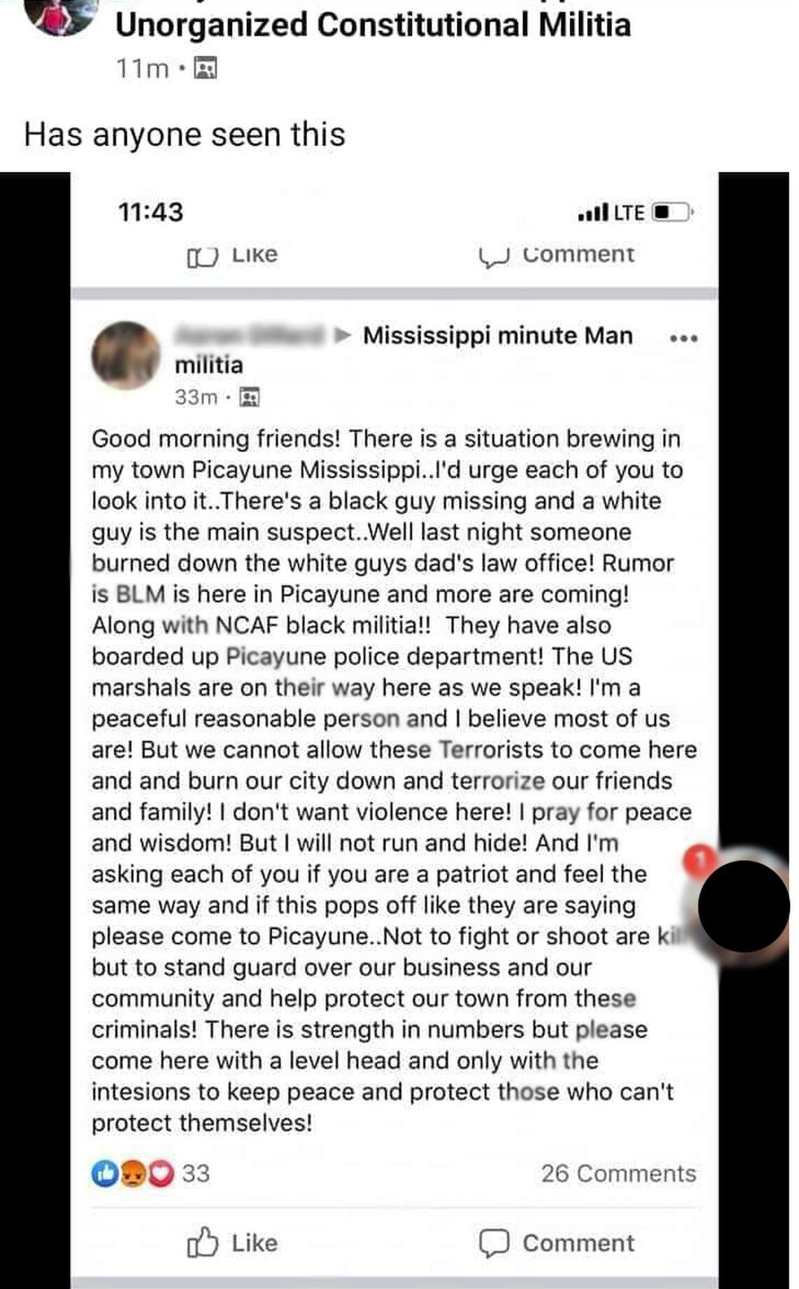 This screenshot of a Facebook post appears to be the first one to start rumors of attacks on Picayune by Black Lives Matter and Black militia members. The poster did not respond to the Sun Herald’s requests for comment, so identifying information has been blurred.