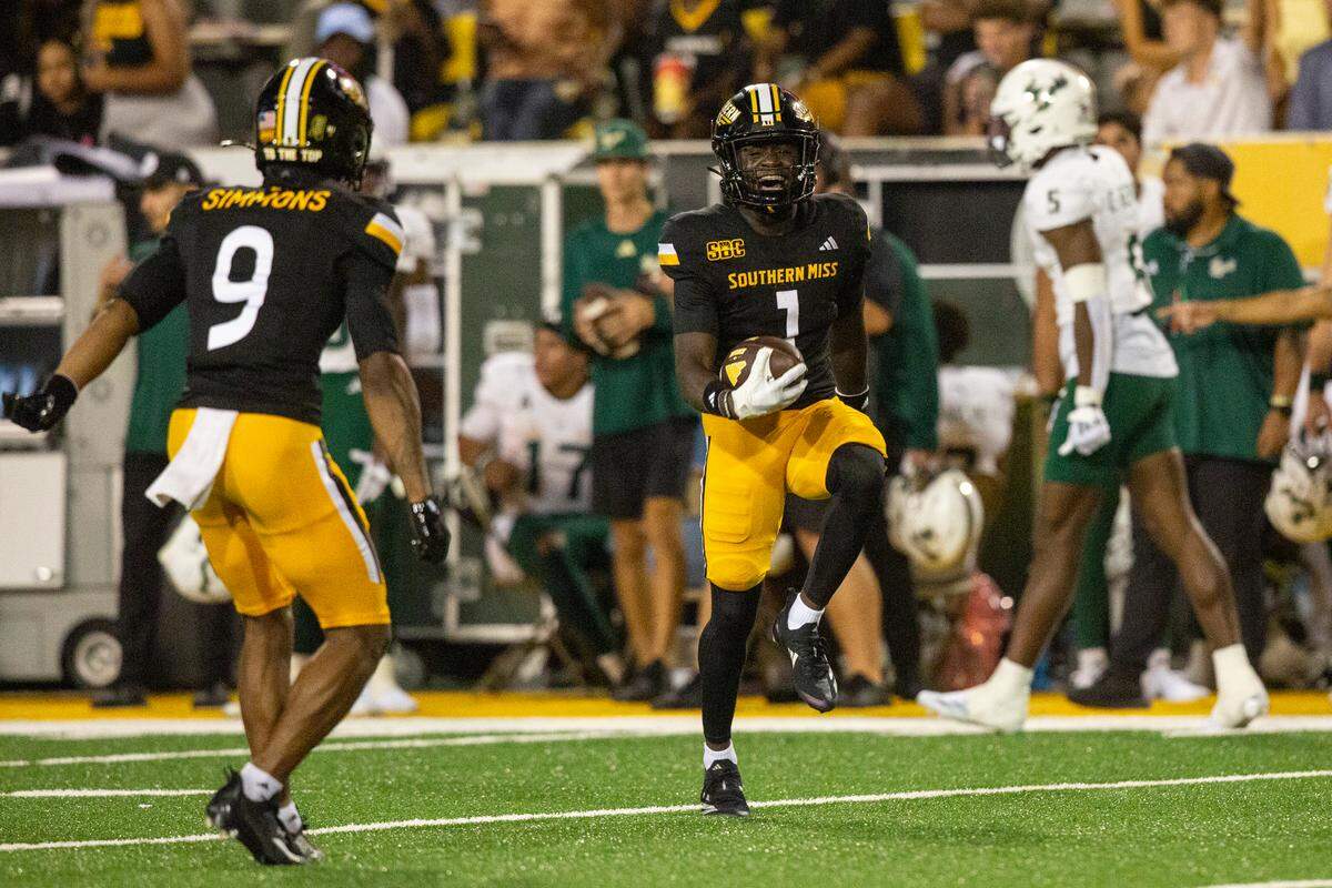 Southern Miss Golden Eagles wide receiver Tiaquelin Mims (1) reacts after a play during a game between Southern Miss and South Florida at M.M. Roberts Stadium in Hattiesburg on Saturday, Sept. 14, 2024.
