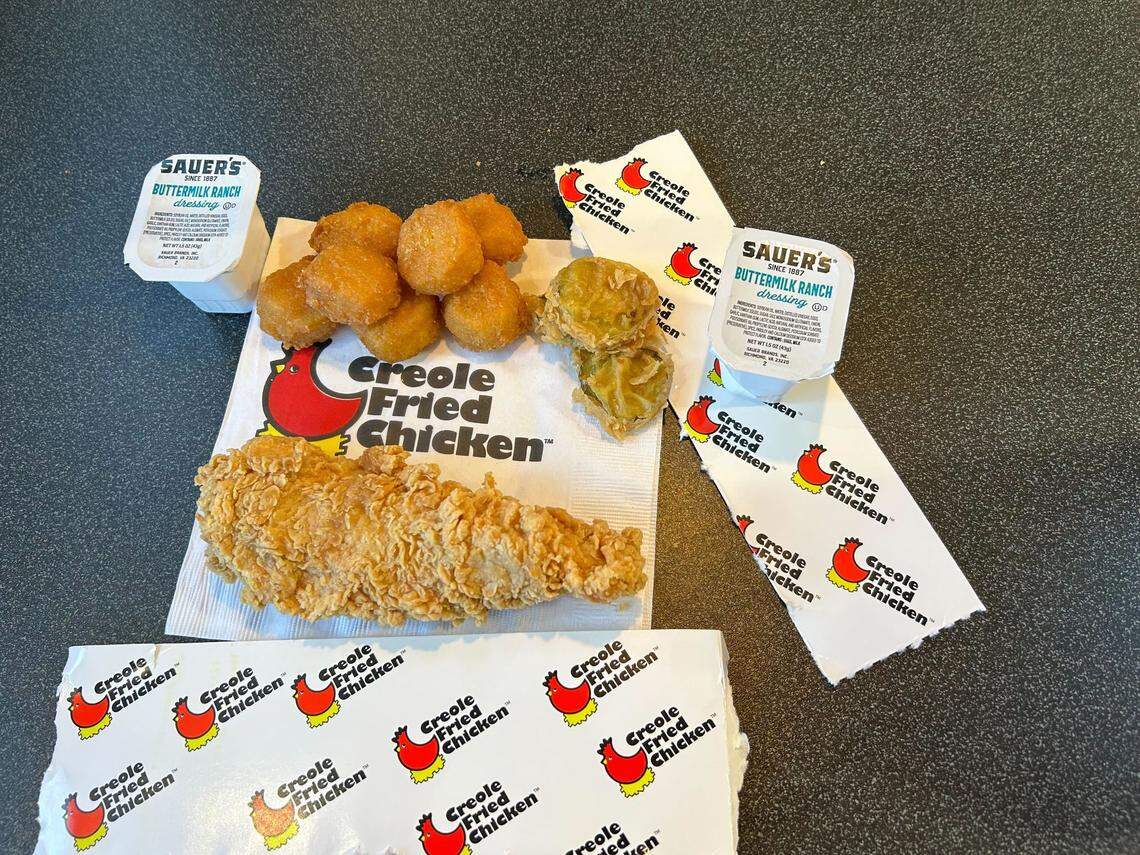 The chicken tenders with corn nuggets and fried pickles from Creole Fried Chicken in Saucier, Mississippi.