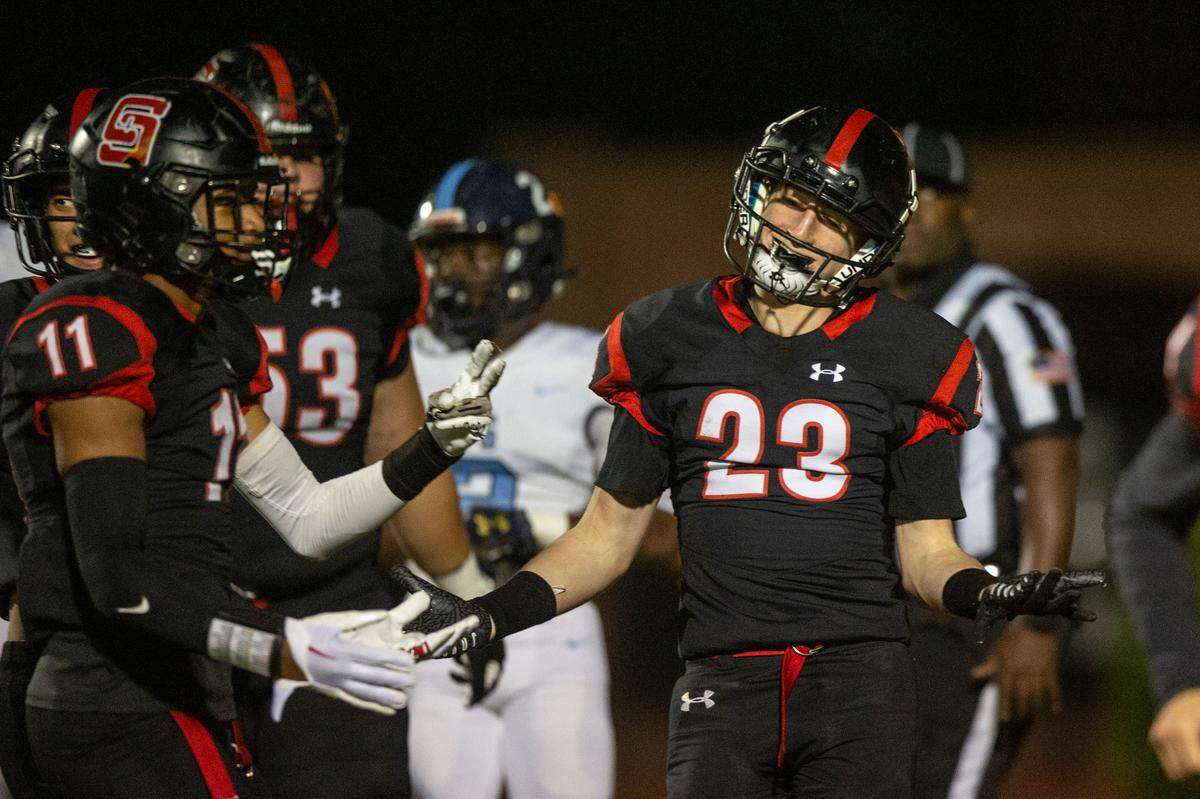 St. Stanislaus’ Jackson DiCerbo reacts after scoring a touchdown during a playoff game against Port Gibson at St. Stanislaus in Bay St. Louis on Friday, Nov. 4, 2022.
