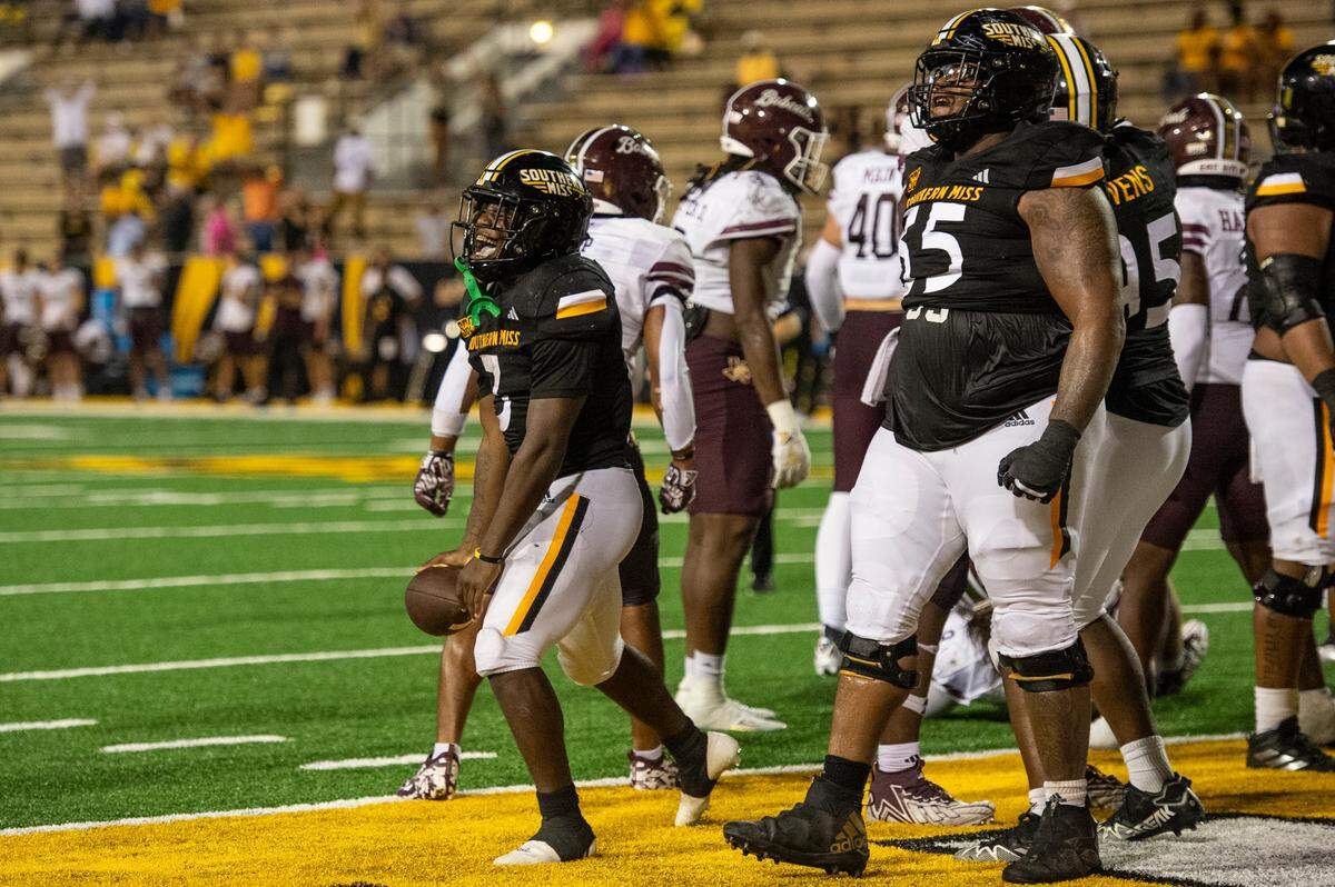 Southern Miss Golden Eagles running back Frank Gore Jr. (3) celebrates after scoring a touchdown during a game against Texas State at M.M. Roberts Stadium in Hattiesburg on Saturday, Sept. 30, 2023.