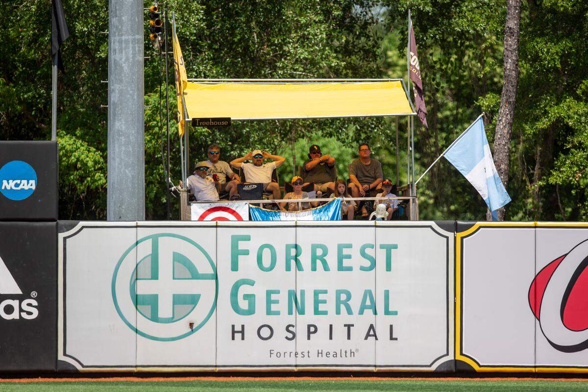 The treehouse, a viewing platform built on top of a car, over the right field wall at Pete Taylor Park in Hattiesburg on Friday, May 27, 2022.