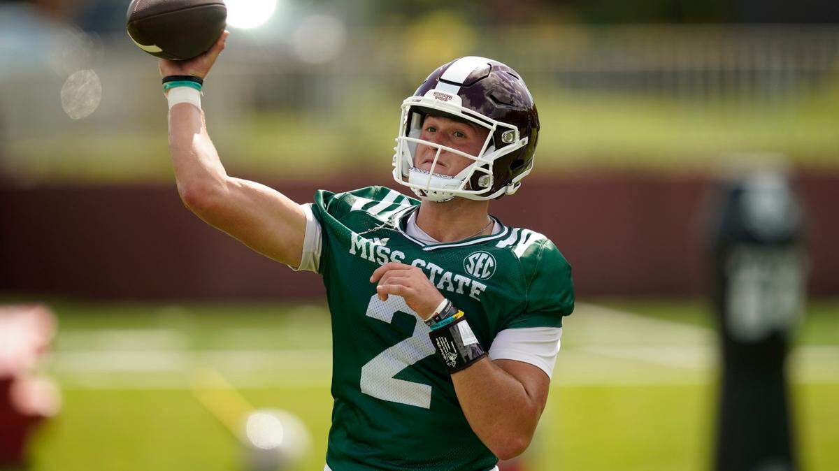 Mississippi State quarterback Will Rogers (2) passes during an NCAA college football practice, Friday, Aug. 5, 2022, in Starkville, Miss. Memphis and Mississippi State play on Saturday, Sept. 3, 2022. (AP Photo/Rogelio V. Solis)