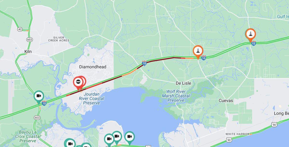 A Mississippi Department of Transportation traffic map shows major delays on Interstate 10 in Hancock and Harrison counties.