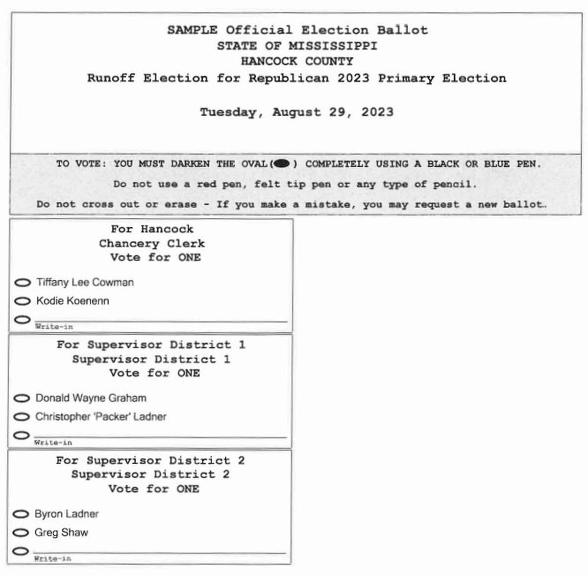 Sample ballot for Hancock County primary runoff August 2023
