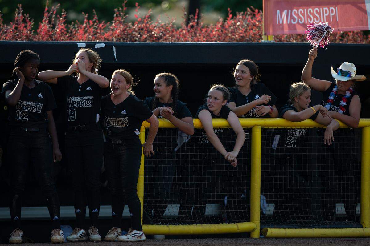 George County Lady Rebels’ celebrate after scoring during the 5A 2023 MHSAA Softball Championship game at USM Softball Complex in Hattiesburg on Thursday, May 18, 2023.