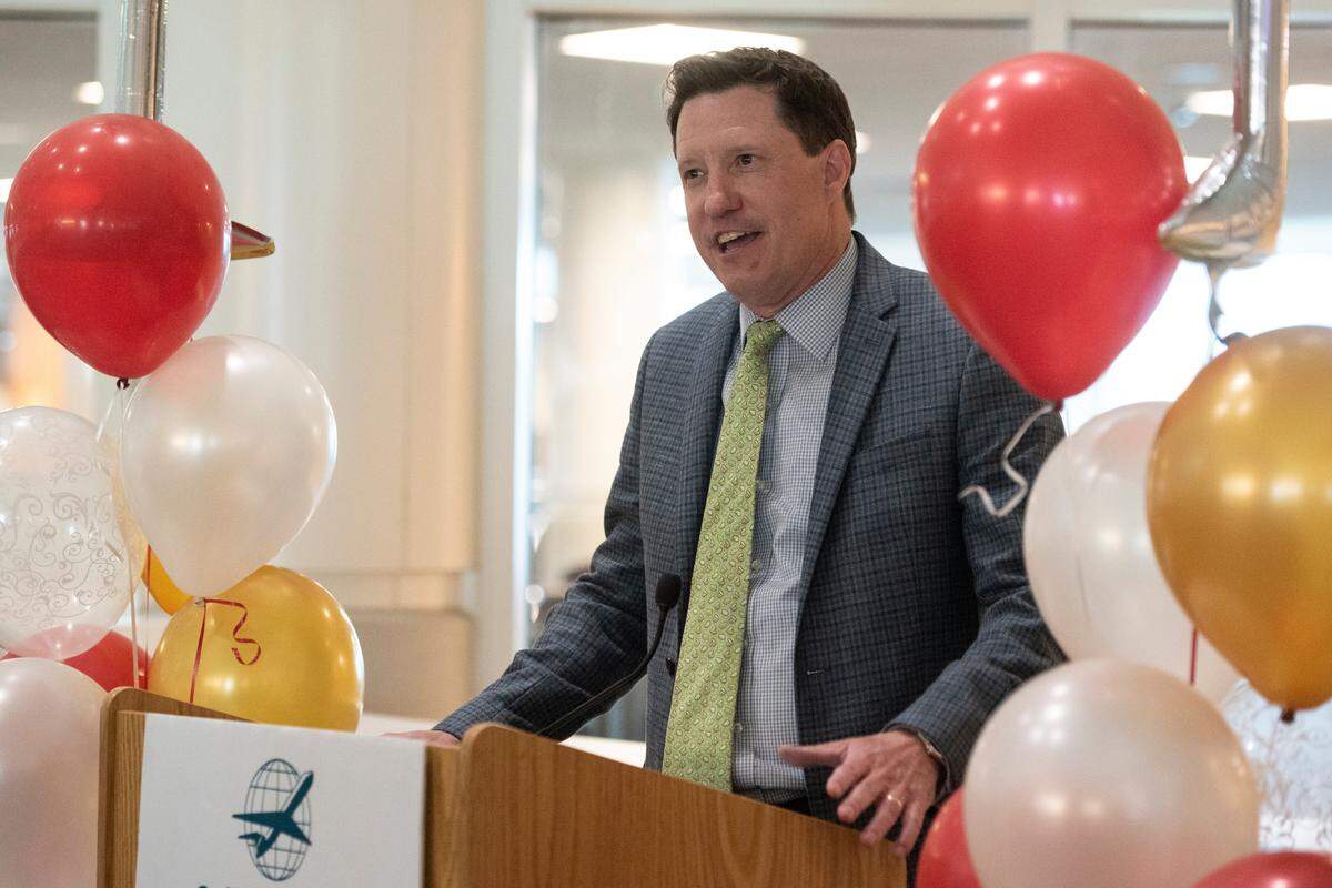Airport director Clay Williams speaks at the grand opening of several new food offerings at Gulfport-Biloxi International Airport that opened on Wednesday, April 26, 2023.
