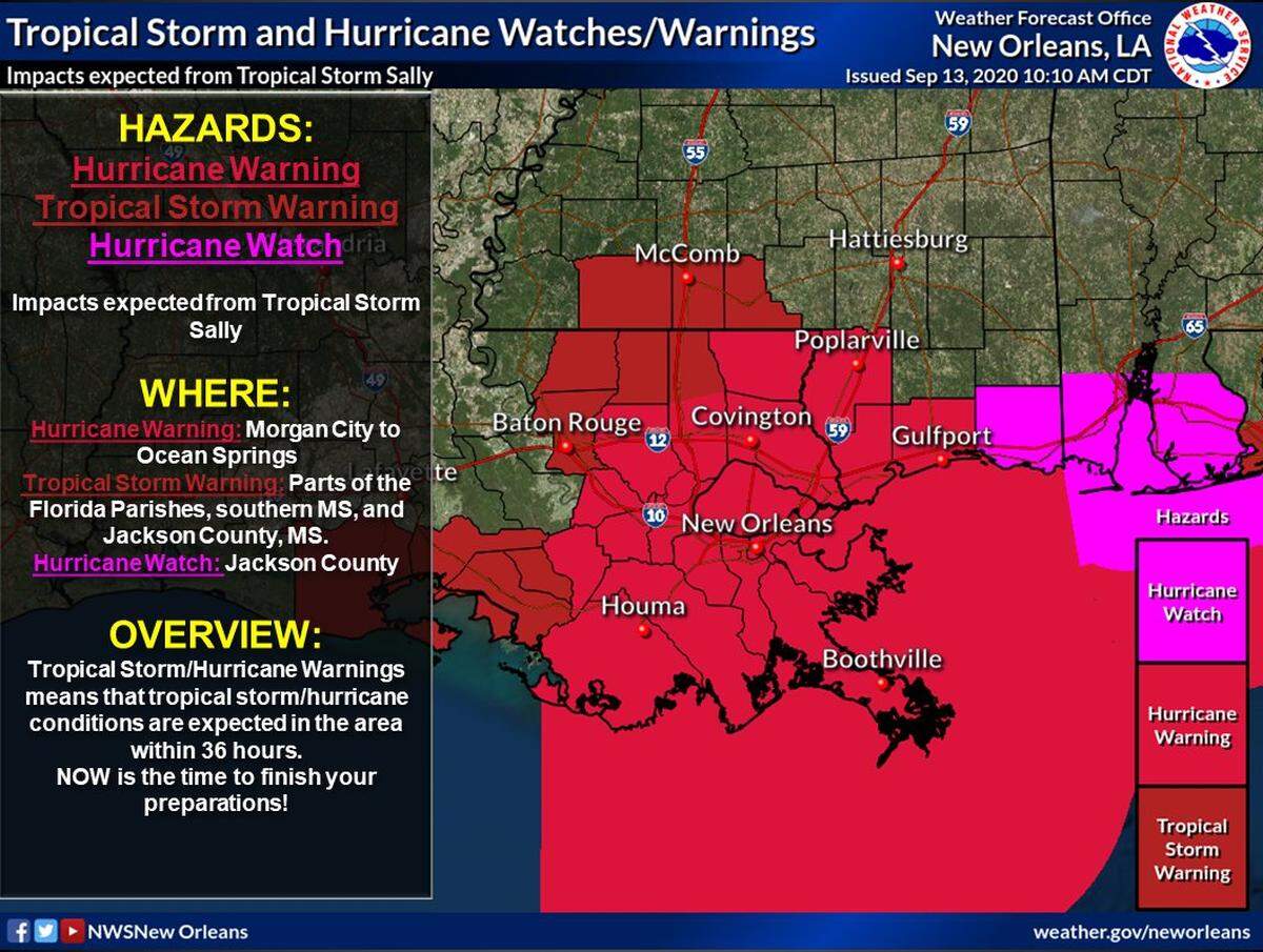 Tropical Storm Sally watches and warnings as of Sunday