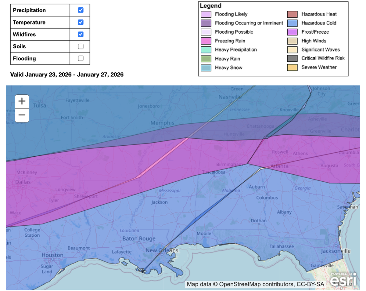 Mississippi is expected to see freezing rain and hazardous cold starting Friday, Jan. 23 and going into the weekend, according to a Jan. 19 Hazards Outlook Report by the National Weather Service.