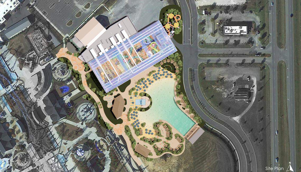 An overhead view shows the new $70 million water park at Tropic Falls in Foley, Alabama.