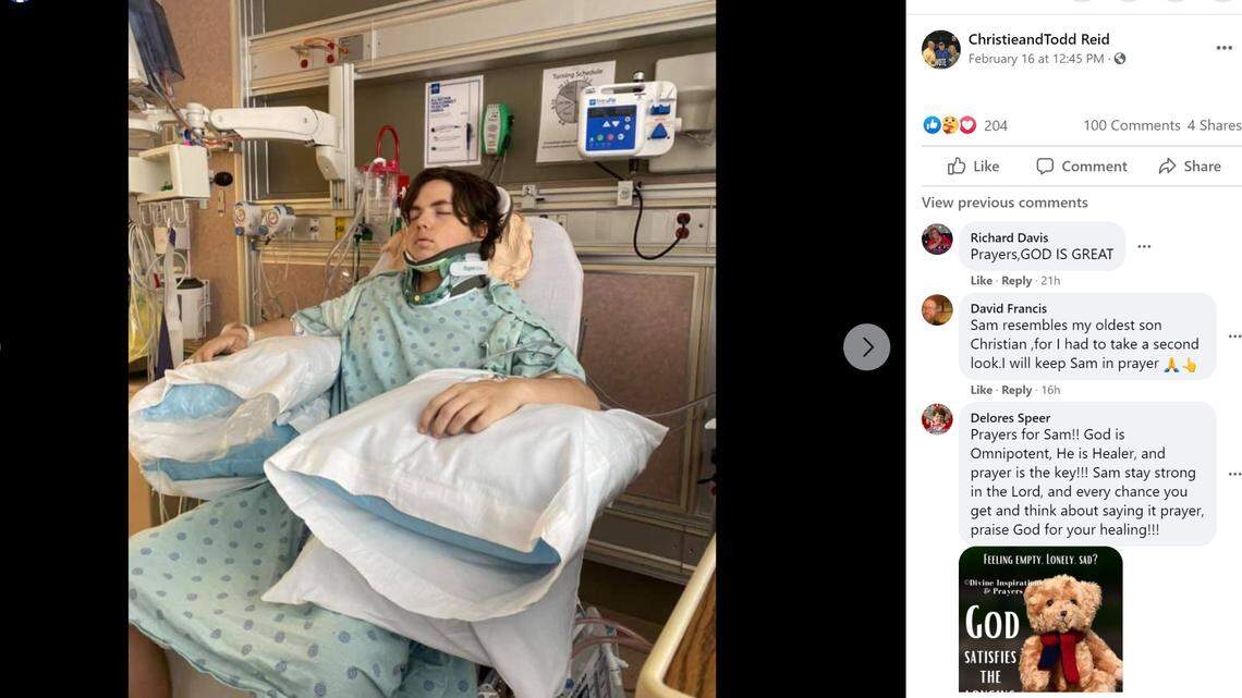 Sam Reid, 17, is expected to be OK after being thrown from a sled and impaled by a metal tractor spike in freak accident in Tennessee, according to his family.