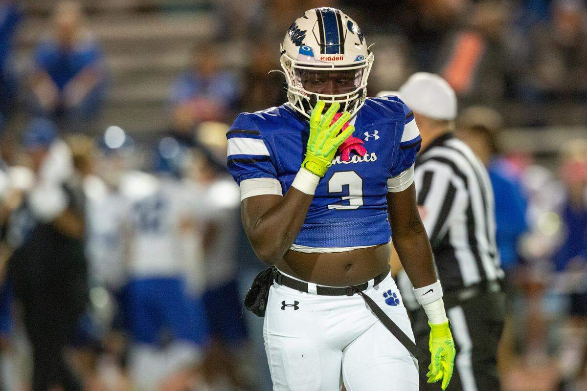 Stone County’s De’Andre Smith reacts after a play during a game between Stone County and Vancleave at MGCCC in Perkinston on Friday, Oct. 18, 2024.