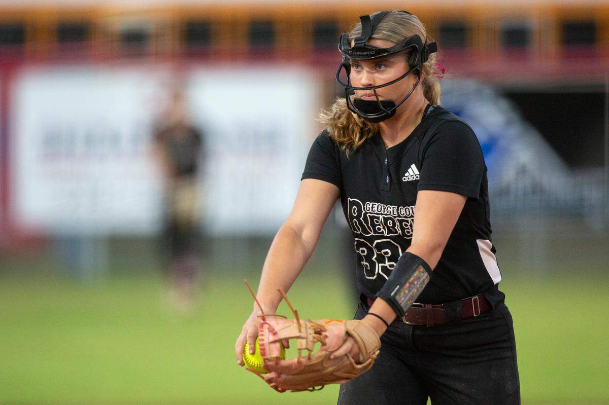 George County’s Peyton Collins throws a pitch during a softball game between George County and Hancock at Hancock High in Kiln on Tuesday, March 18, 2025.