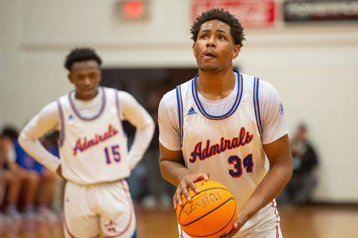 Gulfport’s Travor Frost shoots a free throw during a game between Pascagoula and Gulfport at Harrison Central High School on Saturday, Jan. 25, 2025.