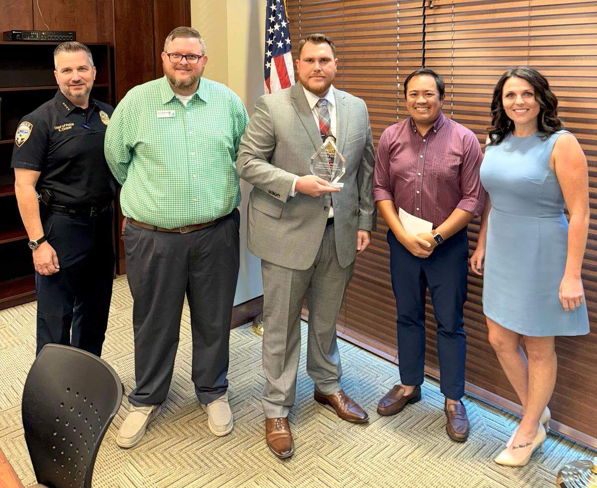 Gulfport Police Department Chief Adam Cooper, Keesler Federal’s Downtown Gulfport Branch Manager Justin Redmond, Detective Mitchell Ashby, Community Development Officer Anthony Abella, and Community Development Officer Samantha Bignell.&nbsp;