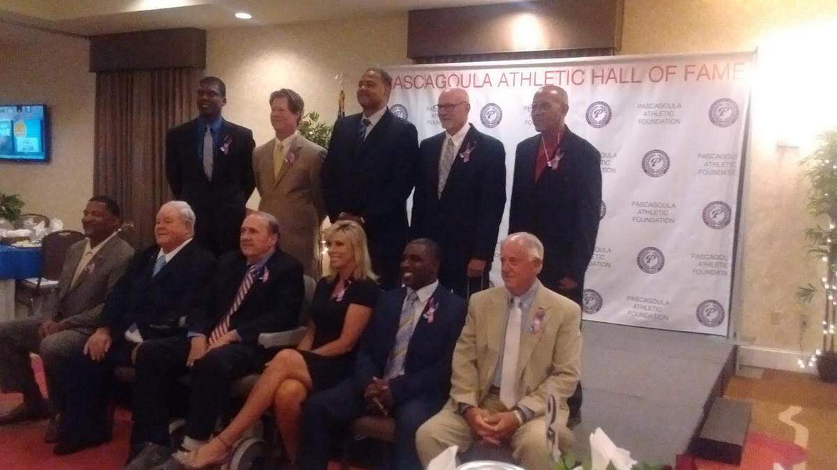 VETO ROLEY/SPECIAL TO THE SUN HERALD 
 Eleven of the 15 members of the Pascagoula Sports Hall of Fame class. Front row: Richard Harvey, Clyde Bosarge, Steve Bowman, Sarah Thomas, Tregnel Thomas, Mike Noblitt. Back row: Kez McCorvey, Johnny Olsen, Barry Barganier, Johnny Woitt, and Edward King. Not pictured are Donnie Davis, Jim Marsalis, Norris Thomas and Earneice Price Sylvester.