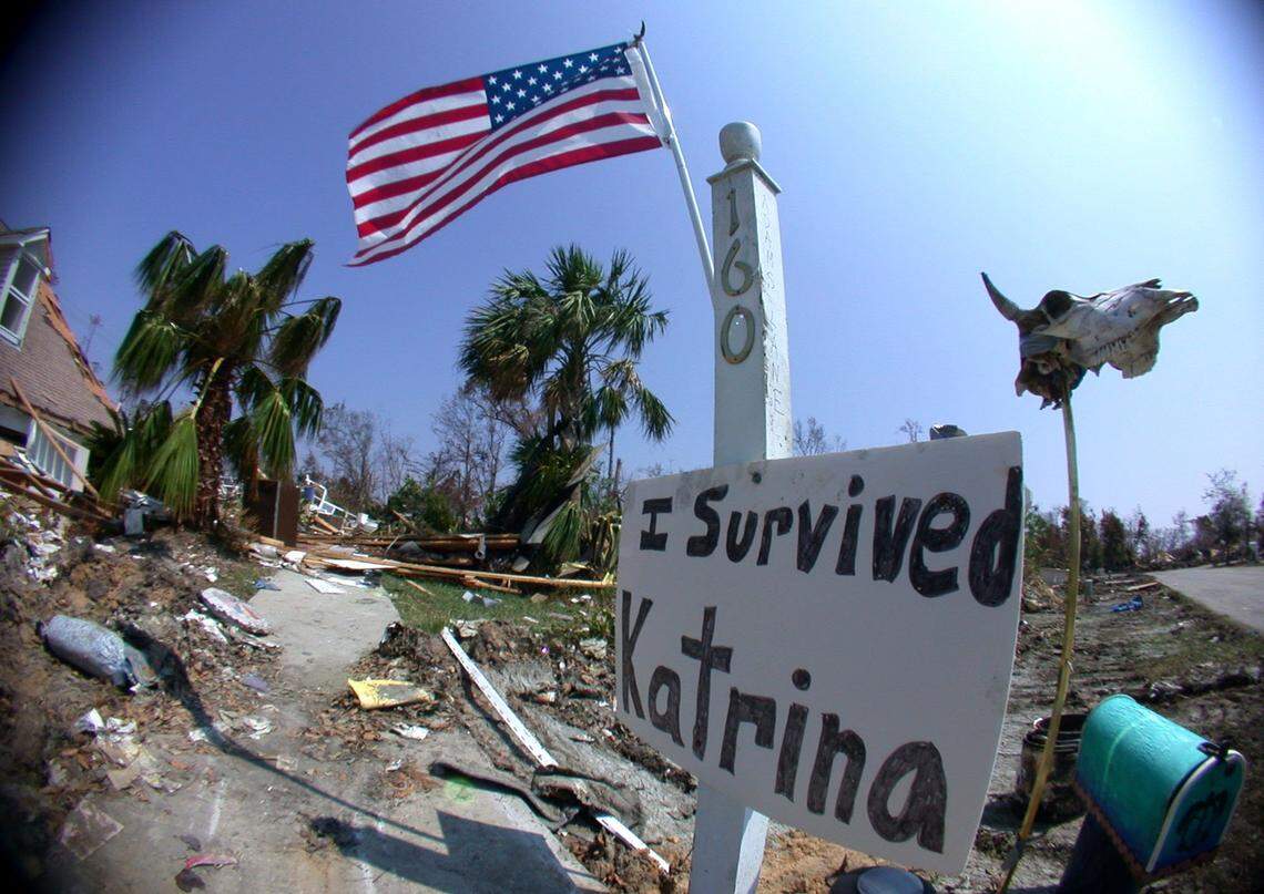 A sign stands outside of a home destroyed by Hurricane Katrina in Waveland. Hundreds of policyholders whose homes were damaged by wind and surge wound up in legal disputes with insurance companies, as did the state of Mississippi. Mississippi and State Farm have quietly settled the state’s lawsuit.
