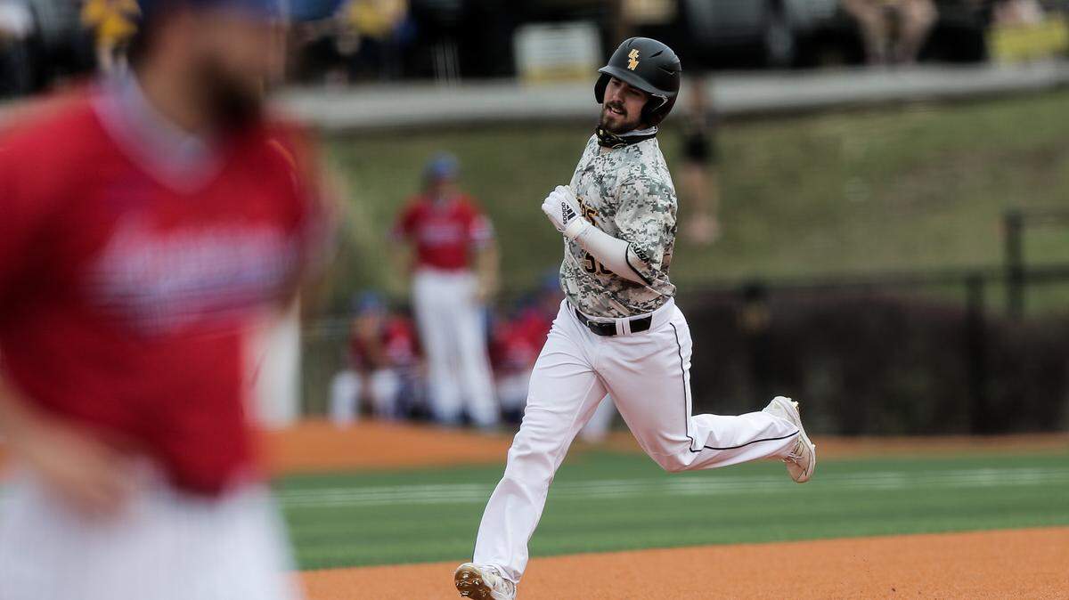 Reece Ewing runs toward second as he makes his way home after a two-run home run against La. Tech Saturday, March 28, 2021. The Golden Eagles beat the Bulldogs 14-6 at Pete Taylor Park Hattiesburg.