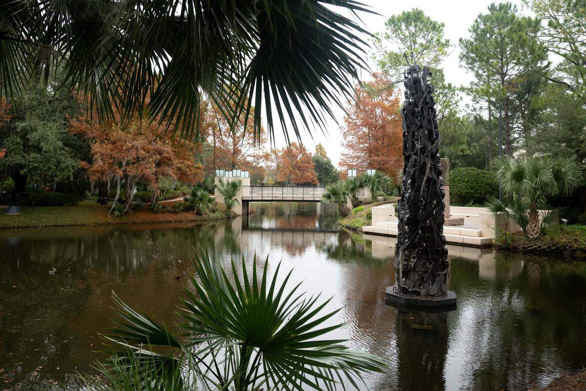 An art exhibit floats Wednesday on a pond at the New Orleans Museum of Art.