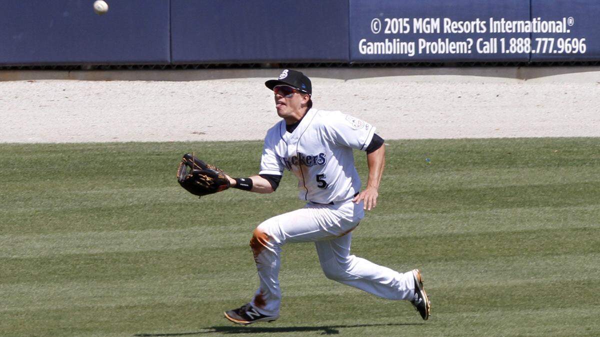 TIM ISBELL/SUN HERALD 
 Biloxi's left fielder Kyle Wren catches a fly ball against Chattanooga at MGM Park Sunday, Apr. 10, 2016.