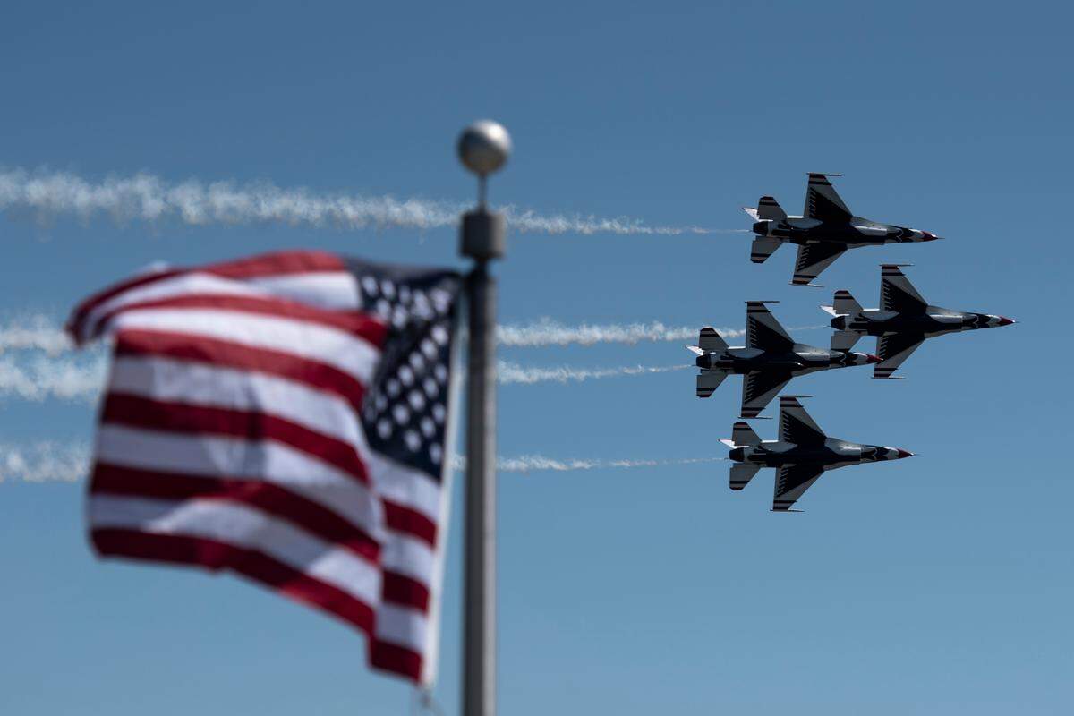 The U.S. Air Force Thunderbirds fly over Biloxi during a practice for the Thunder Over the Sound airshow on Friday, April 28, 2023. The Thunderbirds are scheduled to return to Biloxi in 2025.