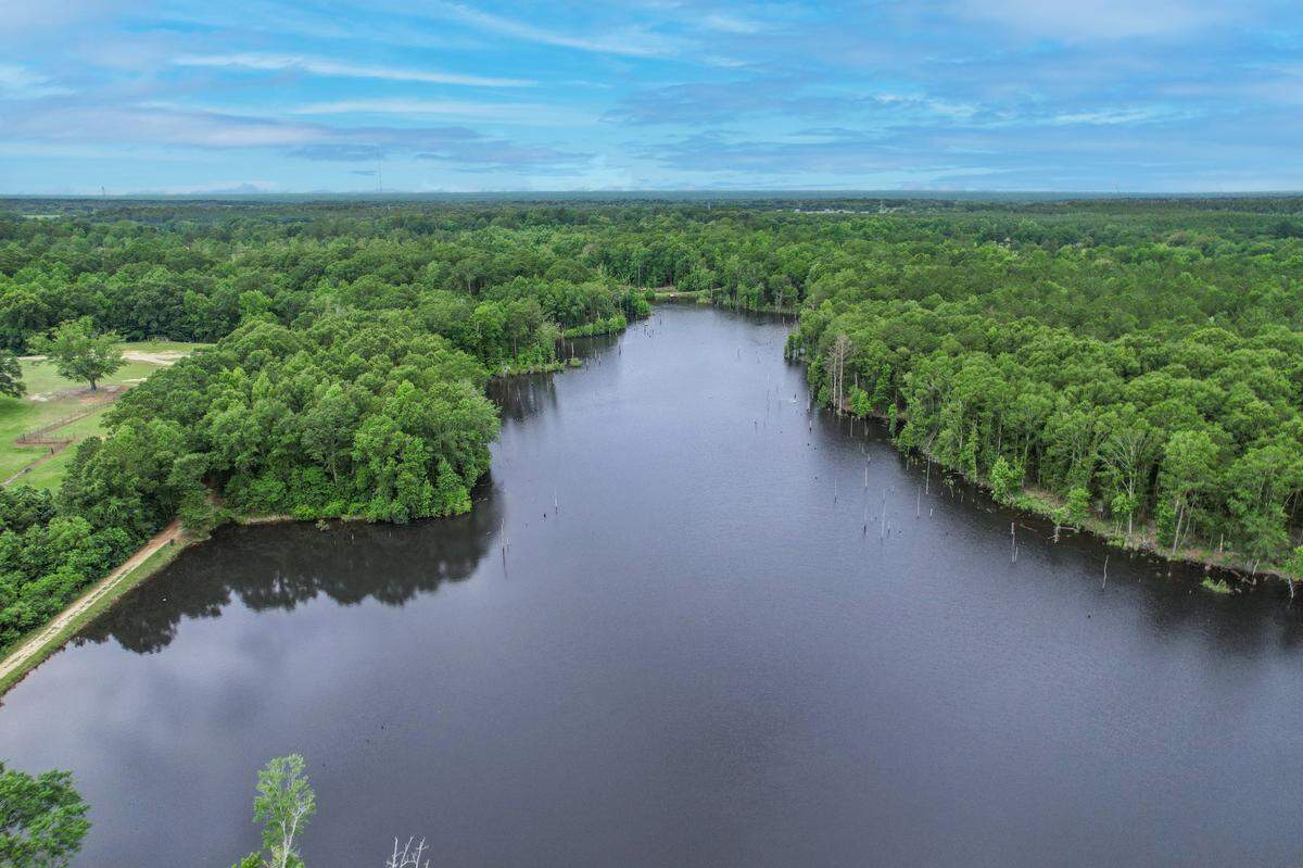 A 13-acre lake on the Running Creek Ranch property. The ranch has two lakes stocked with trophy fish.