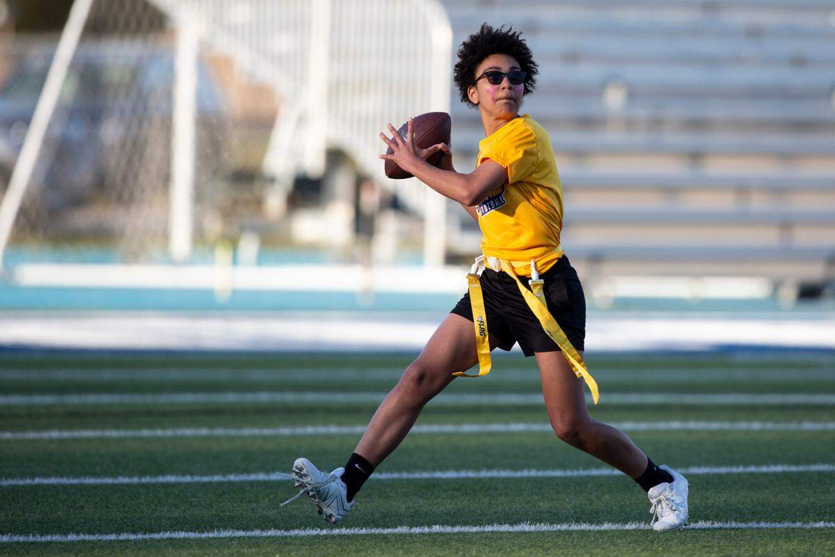 St. Martin’s Jaz Davis looks to throw a pass during a Jamboree game at Vancleave on Thursday, March 20, 2025.