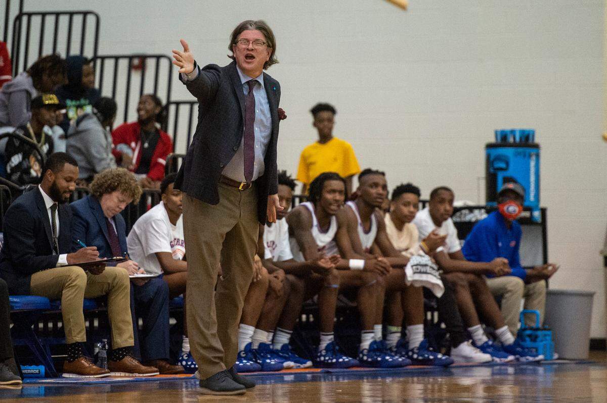 Gulfport’s Coach Owen Miller yells at his players during the Adidas Holiday Classic at Gulfport High School in Gulfport on Tuesday, Dec. 28, 2021.