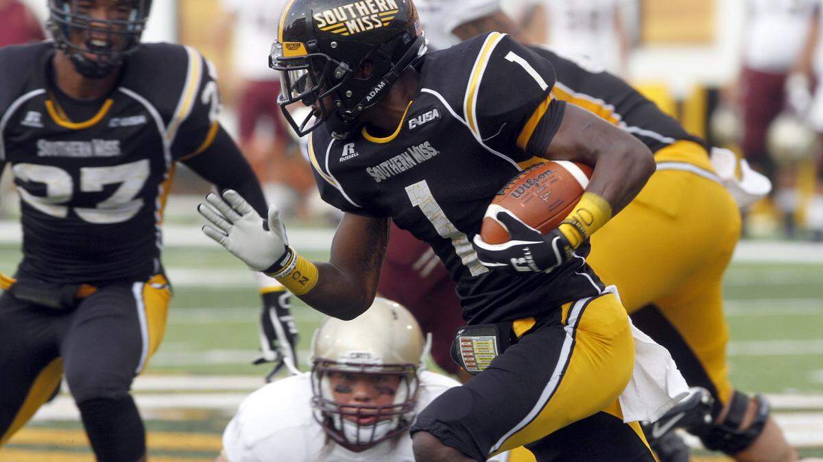 TIM ISBELL/SUN HERALD 
 Southern Miss receiver Tyre'oune Holmes has been impressive during the Golden Eagles' spring practices.