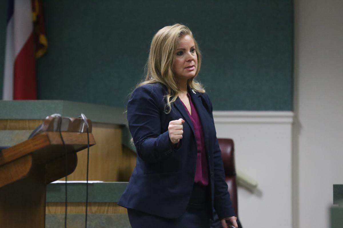 District Attorney Angel Myers McIlrath speaks to the jury on the third and final day of trial. She asked the jury to use their common sense to convict Sergio Sandoval on four counts of touching of a child for lustful purposes and one count of sexual battery.