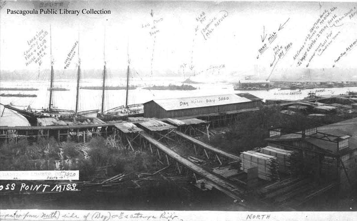 This historic photo from the Pascagoula Library Collection shows the lumber mill at Moss Point. A new riverside park will celebrate the early lumber and shipbuilding history of the city with native trees planted in the new park.
