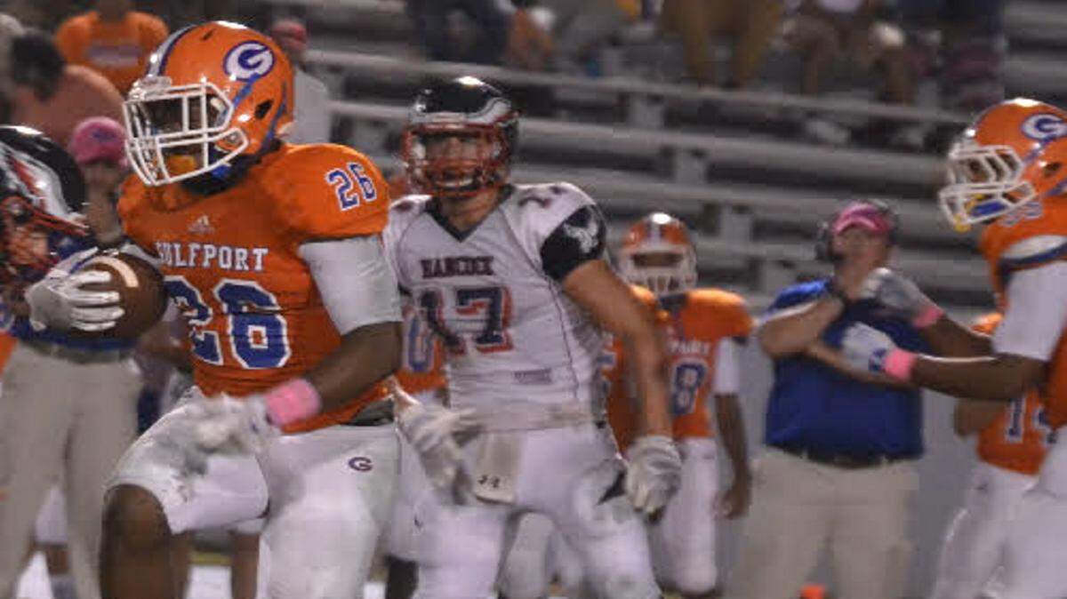 DWAYNE BREMER/SEA COAST ECHO 
 Gulfport running back Deon Cole was unstoppable against Hancock.