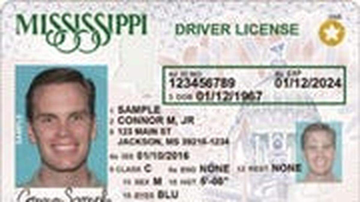 This photo illustration shows a sample of a Mississippi driver’s license with the REAL ID star emblem in the upper-right corner.