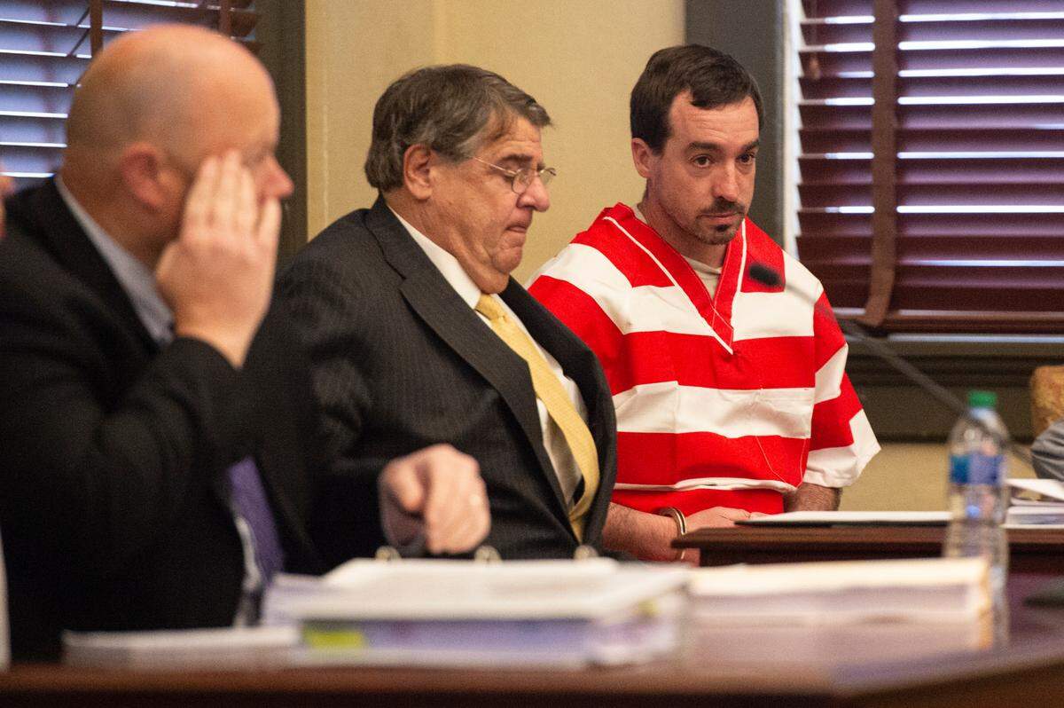 Alan Moran and his attorney Donald Rafferty during Moran’s sentencing in county court in Bay St. Louis on Friday, Feb. 16, 2024.