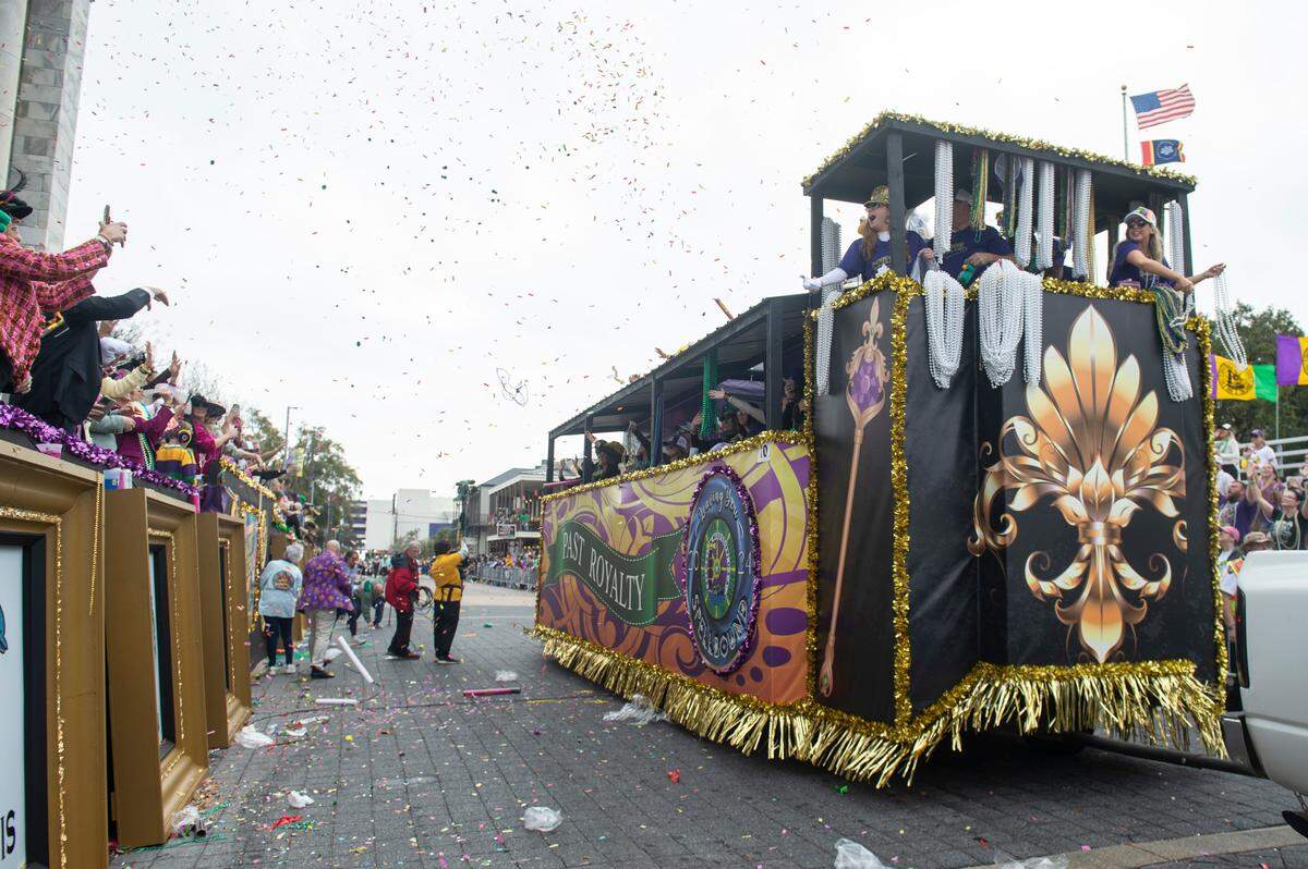 A float shoots confetti during the Gulf Coast Carnival Association Mardi Gras parade in Biloxi on Tuesday, March 4, 2025.