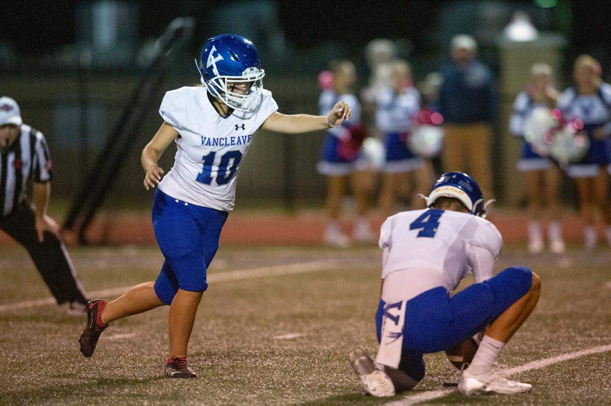 Vancleave’s Jordyn Raynor kicks a field goal during a game between Stone County and Vancleave at MGCCC in Perkinston on Friday, Oct. 18, 2024.