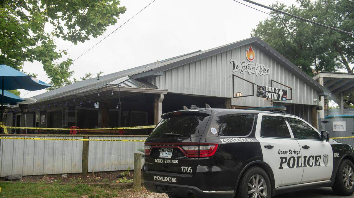 Crime scene tape still decorates The Scratch Kitchen bar and restaurant in Ocean Springs on Monday, May 8, 2023, after a shooting killed one at the restaurant on Friday, May 5, 2023.