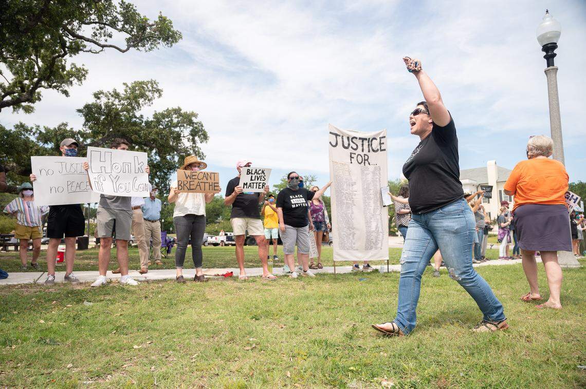Peaceful protesters lined the sidewalk of Beach Boulevard in Biloxi on Sunday, May 31st, 2020, to demonstrate against police brutality. The protest was one of hundreds taking place across the country following the death of George Floyd.