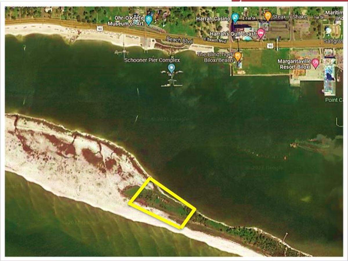 This aerial view shows the 8 acres on Deer Island listed for sale with commercial real estate broker Brian Bolis of NAI Sawyer in Gulfport.