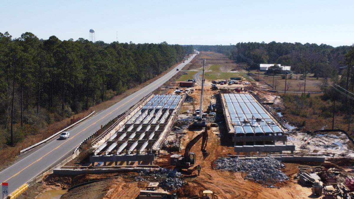Two bridges are being built on the lower end of the Mississippi 57 road project in Jackson County to accommodate what will be a four-lane highway.