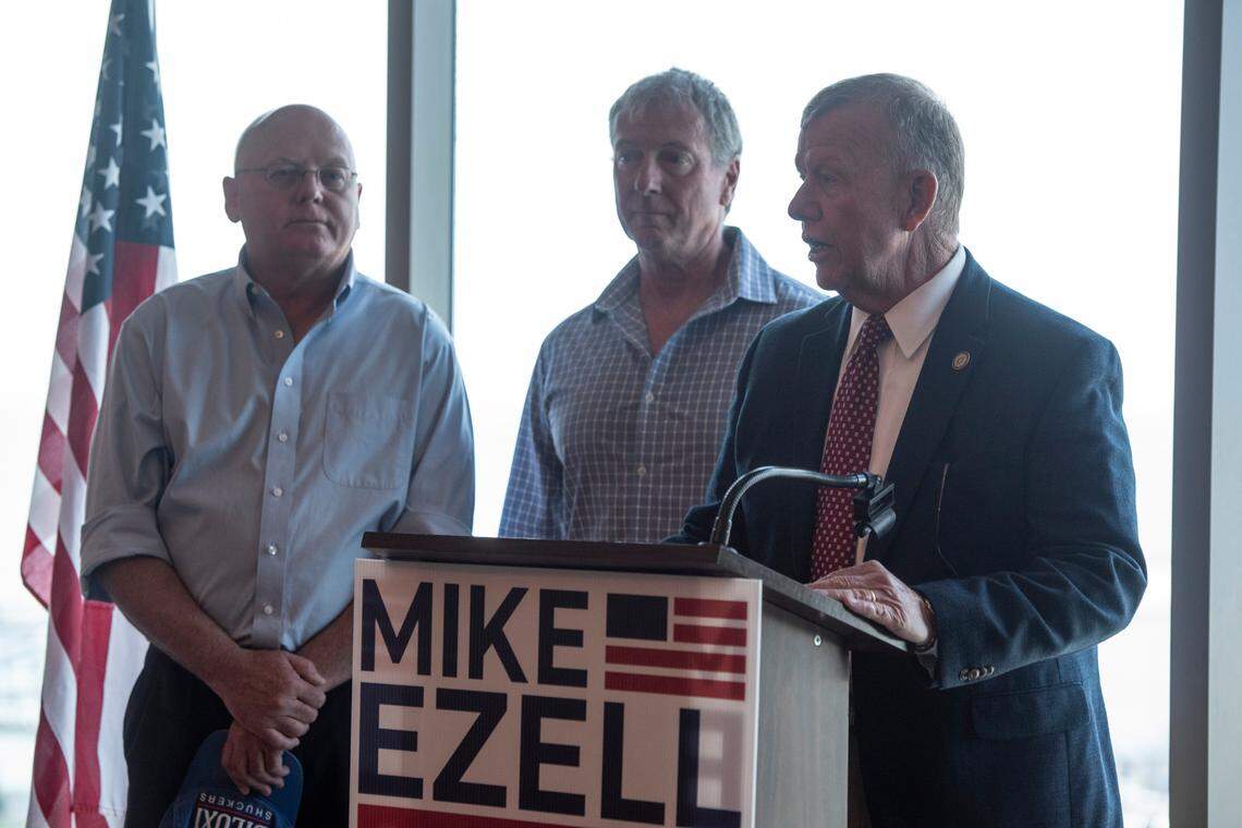 Jackson County Sheriff Mike Ezell, right, with former congressional candidates Clay Wagner and Carl Boyanton, talks to the media during an Ezell campaign press conference at the Great Southern Club in Gulfport on Thursday, June 9, 2022. Five Republican candidates threw their support to Ezell, who defeated incumbent Steven Palazzo in the primary.